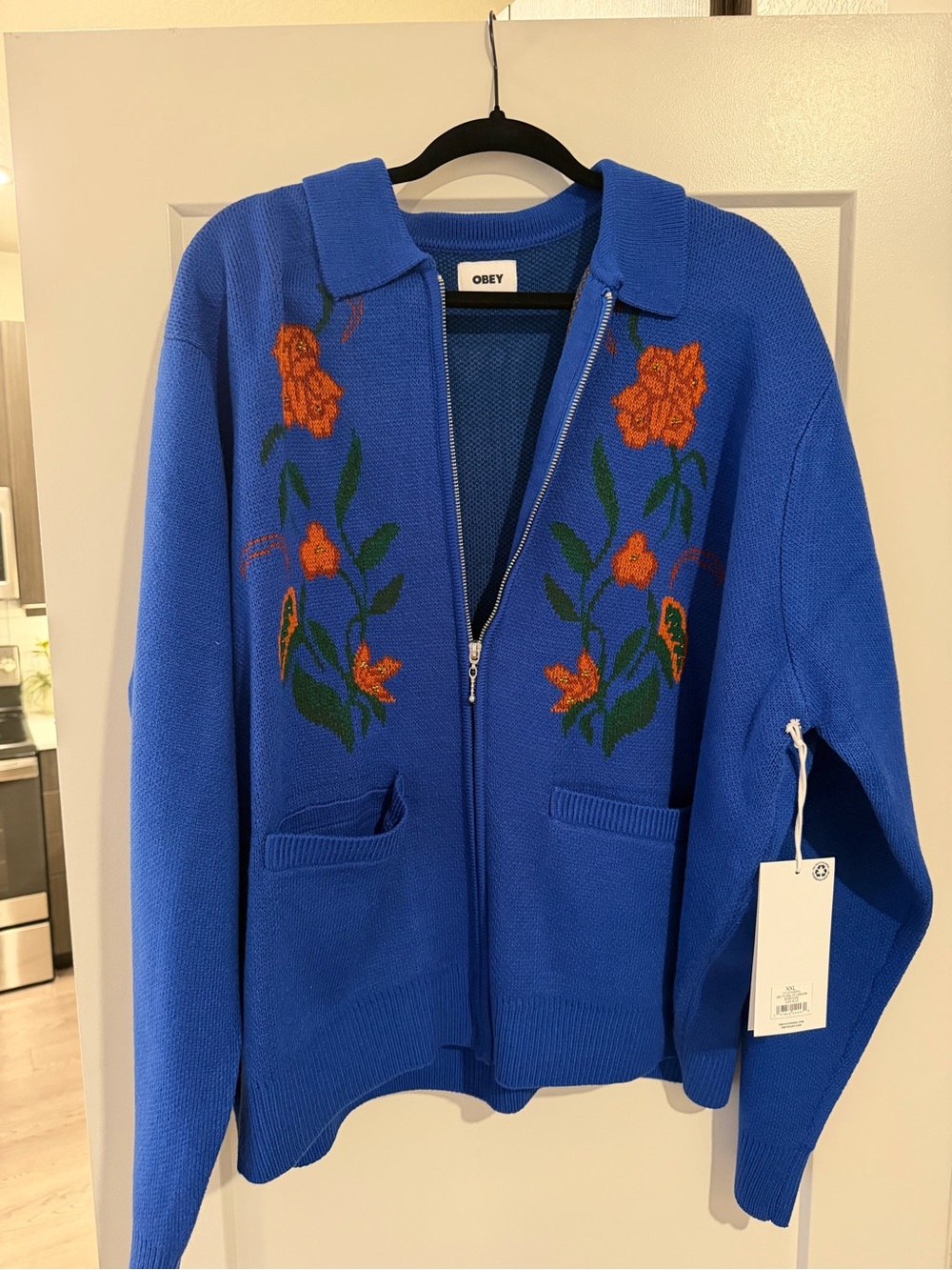 Obey Women's Royal Blue Zip-Front Floral Cardigan Sweater XXL